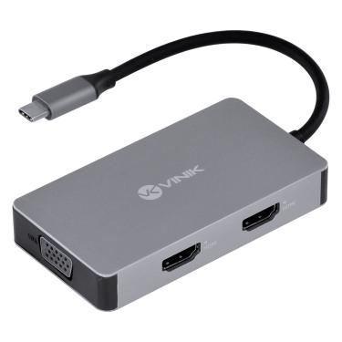 Imagem de Hub USB Tipo C / TYPE C 5 em 1 com 2 HDMI + VGA + USB 3.0 + Power Delivery (PD) 60W - HC-5VGA