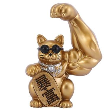 Imagem de HODESunPure Muscle Arm Estátua de gato da sorte decorações chinesas Maneki Neko gato da sorte para abertura de loja, escritório, caixa registradora, decoração de mesa (ouro)