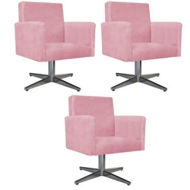 Imagem de kit 03 Poltronas Beatriz Base Giratória de Metal Suede Rosa Bebê - DAM