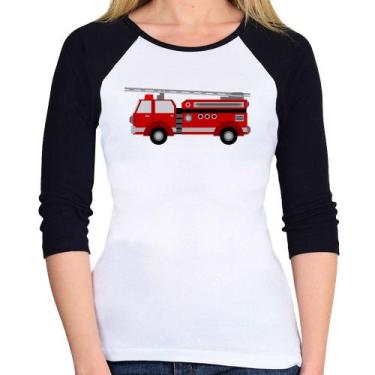Imagem de Baby Look Raglan Caminhão de Bombeiro Manga 3/4 - Foca na Moda, Branco