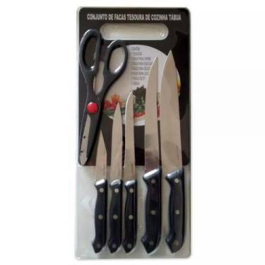 Imagem de Kit Cozinha Conjunto De 5 Facas + Tesoura + Tábua + Faqueiro Aço Inoxi