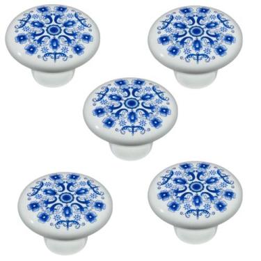 Imagem de Kit 5 puxador italy line ceramica il7067 estampa azul antigo louça