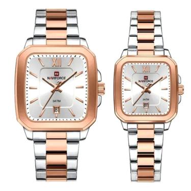 Imagem de Relogios De Pulso Analógico Conjunto De Casal Em Aço Inoxidavel Design Quadrado Impermeavel Prata Rose