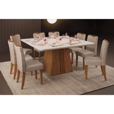 Imagem de Conjunto: Mesa Sala Jantar Itália Tampo Madeirado c/ Vidro Curvo 136x136cm e 8 Cadeiras Julia Freijo/Off White - Suede Kraft - DJ Móveis