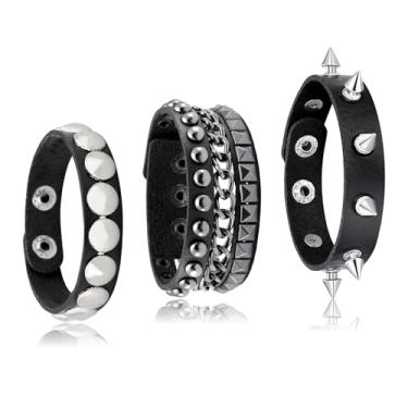 Imagem de Dlknp 3 peças de pulseira punk de couro com rebite de rocha retrô pontiaguda para homens e mulheres pulseira de metal acessórios de Halloween, 7.1-8.78 Inches, Couro sintético, Sem Pedra Preciosa