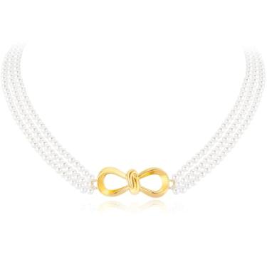 Imagem de Colar gargantilha feminina Y2k com laço e nó de pérola banhada a ouro 14 K, gargantilha floral Y2k, presente de Natal e Dia dos Namorados, Latão, Sem Pedra Preciosa