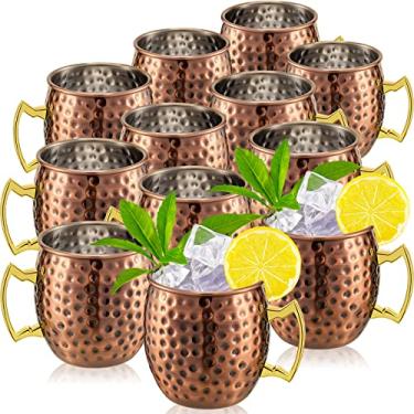 Imagem de Conjunto de 12 canecas Moscow Mule Canecas de cobre Moscow Mule Cups 540 ml Copos martelados Copos de Cobre 304 Caneca de Aço Inoxidável Banhado a Cobre para Bebidas Refrigeradas Café Vinho 9,5 cm (Cobre Antigo, Estilo moderno)