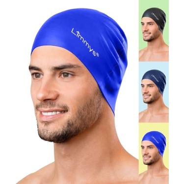 Imagem de Limmys Touca de natação unissex masculina feminina - Toucas de natação femininas 100% silicone - qualidade premium, chapéus de natação elásticos e confortáveis - disponível em diferentes cores atraentes (azul)