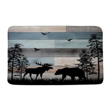 Imagem de ZKJSMGS Tapete de banho rústico com urso, vida selvagem, veado, pinheiro, vintage, árvore, floresta, cabana, acampamento, retrô, country, azul, preto, 43 x 75 cm, tapete de banho para banheiro,