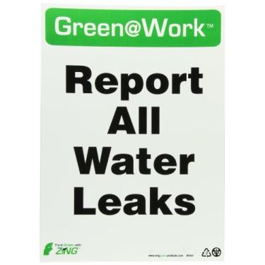 Imagem de Zing Green Products 2042 Placa de plástico reciclado verde no trabalho "Relatar todos os vazamentos de água", 35,5 cm de comprimento, 25,4 cm de largura