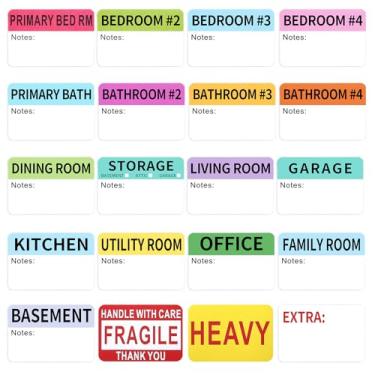 Imagem de 600 peças, 20 designs, 7,6 x 5 cm, etiquetas grandes de caixa de embalagem para mudança de casa com áreas de anotações graváveis, etiquetas de caixa de embalagem pré-impressas codificadas por cores