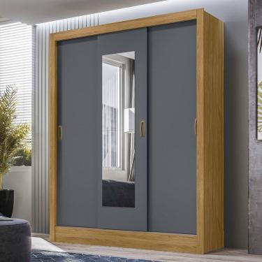 Imagem de Guarda-roupa Casal com Espelho 3 Portas de Correr e Pés Bolívia Freijó/Cinza