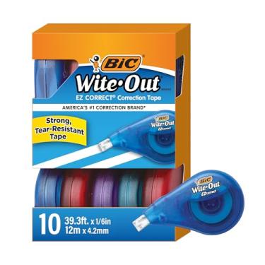 Imagem de BIC Fita corretiva Wite-Out EZ Correct resistente a rasgos com 12 metros de fita, pacote de 10 unidades em branco