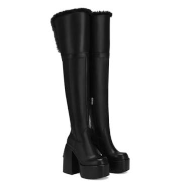 Imagem de UNWRBD Botas longas de veludo de 12 cm com sola grossa e plataforma impermeável acima do joelho botas de neve femininas de inverno, Preto, US6 EU37