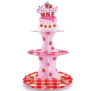 Imagem de VorkiVecKi Decoração de mesa para cupcake de morango – Decoração de mesa de primeiro aniversário de 3 camadas para bolo, sobremesa, torre de papel, suporte de pastelaria, enfeite em camadas para bebês