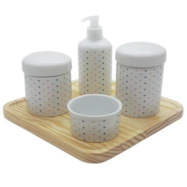 Imagem de Kit higiene bebê Poá 5 pçs - Molh. Poá Porcelana e Bdj Pinus - Antilop
