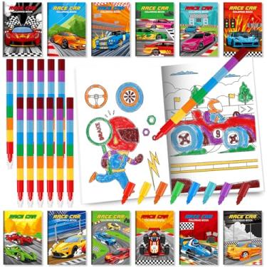 Imagem de BenLouis 24 mini livros de colorir de carro de corrida para crianças com 24 giz de cera empilháveis tema de corrida lembrancinhas de festa livros de atividades a granel para crianças roda de carro de