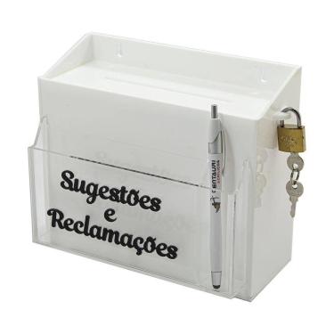 Imagem de Urna Caixa Sugestões E Reclamações Bolso Frontal Acrílico Branca Com Cadeado Pesquisa Satisfação
