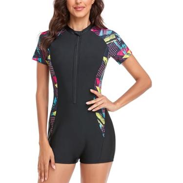 Imagem de FEOYA Maiô feminino de manga curta para surfe, roupa de banho de secagem rápida, sutiã embutido, 02 - preto, XX-Large