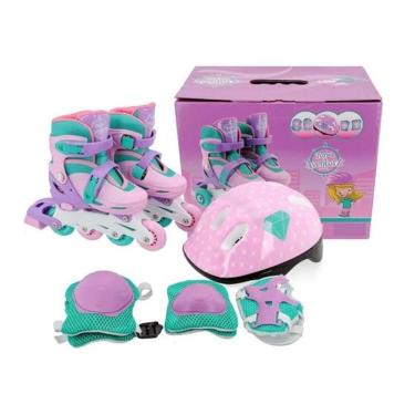 Imagem de Patins Infantil 2 Em 1 Inline ou Quad + Kit Proteção Completo Tamanho 30-33 Unitoys