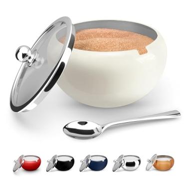 Imagem de KooK Açucareiro de aço inoxidável com tampa e colher, prato de servir, tampa de vidro transparente, armazenamento para sal, doces, café, comporta 2 xícaras, pode ser lavado na lava-louças, 473 ml