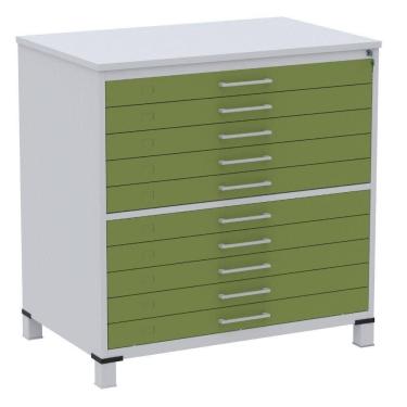 Imagem de Mapoteca 10 Gavetas Pandin 120 Cm (larg) Inmetro Tampo Mdp Cinza Estrutura Aço Cinza Gavetas Verdes