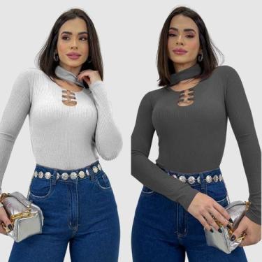 Imagem de Kit 2 Body Feminino Bojo Decote Argola Gola Choker Inverno - Swisz, Br