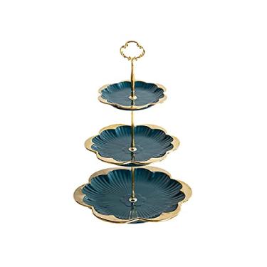 Imagem de Multicamadas com alças de metal mesa de sobremesa de cerâmica multicolorida suporte de exibição de cupcake rack de chá da tarde prato de bolo (cor: verde número de camadas: três camadas)