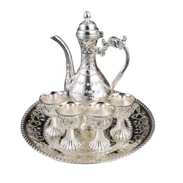 Imagem de Conjunto vintage de bule de café turco e xícaras, conjunto de bule de chá, incluindo 4 xícaras de metal e bandeja de chá para decoração de mesa de chá, enfeite de casamento, A