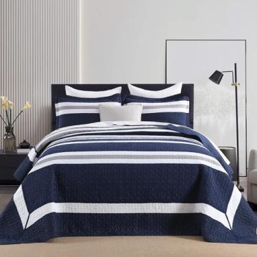 Imagem de FineStichery Colcha King de algodão 304,8 cm x 304,8 cm - Conjunto de colcha grande com fronhas, colcha de cama leve listrada azul marinho, capa de cama reversível, moderna, acolchoada, 3 peças