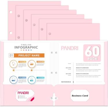 Imagem de Pastas de portfólio de dois bolsos, pacote com 60 PANDRI com 3 furos e 2 pastas de bolso para fichário de 3 anéis, pasta de arquivo de papel tamanho carta para escola, escritório, casa, negócios, rosa