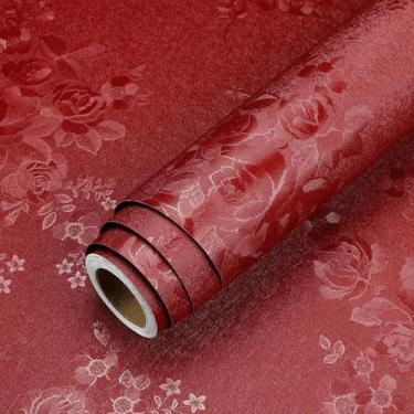 Imagem de LaCheery Papel de parede retrô vermelho escuro floral para banheiro 40 cm x 701 cm papel de parede de flor rosa texturizado papel de contato removível papel de parede autoadesivo de tecido para