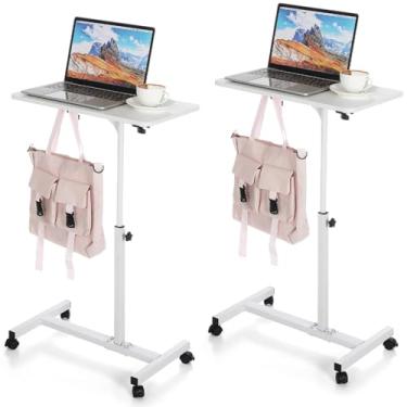 Imagem de Cinnvoice 2 peças de mesa móvel pequena de pé com altura ajustável, mesa de cabeceira portátil com rodas, computador, laptop, mesa sobre rodas para trabalho, casa, sofá, escritório, branco