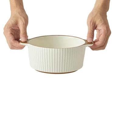 Imagem de Pratos redondos esmaltados, utensílios de mesa de textura minimalista domésticos - tigela de orelhas duplas de 18,4 cm - branco pérola