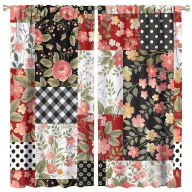 Imagem de Cortinas florais boho, vintage, rústico, colorido, flor, sem costura, tecido patchwork, isolamento térmico, bolso para varão, tratamento de janela blackout para sala de estar, quarto, cozinha, 106 x