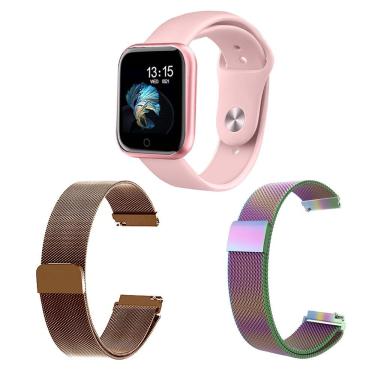 Imagem de Kit 1 Relógio Smartwatch Rosa + 2 Pulseiras Rosê E Arco íris
