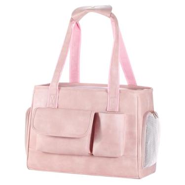 Imagem de Johomviin Bolsa de transporte para cães, bolsa de transporte de couro moderna para animais de estimação, aprovada por companhias aéreas, bolsa de viagem macia para gatos com bolsos rosa