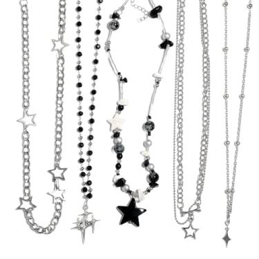 Imagem de LIRUNQIN Conjunto de colar gótico Y2K de 5 peças – pingente de estrela, corrente de prata com contas, pacote de joias emo grunge – acessórios alternativos para mulheres – Fairy Grunge, Alternativa