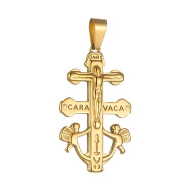Imagem de COTTVOTT Cruz De Caravaca Cruz Jesus Crucifixo Pingente Católica Caravaca Dupla Cruz com Anjos Colar Pingente Criação de Joias Religiosas (tom dourado-M)