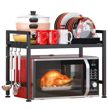 Imagem de PUSDON Rack de forno de micro-ondas, prateleira ajustável de 2 camadas com 3 ganchos para organizador de bancada de cozinha, comporta 72 kg, micropartículas pretas