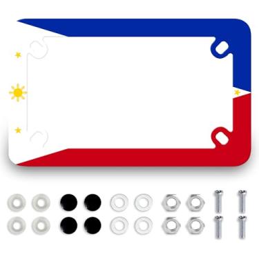 Imagem de Moldura de placa de carro de motocicleta bandeira das Filipinas aço inoxidável à prova d'água metal engraçado preto suporte de etiqueta colorida acessório de motocicleta 4 furos com parafusos porcas
