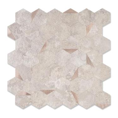 Imagem de OYASIMI Revestimento de parede hexagonal de 20 folhas, design sem costura, azulejos de parede de pedra bege para cozinha, superfície de pedra à prova d'água para banheiro, trailer, lareira