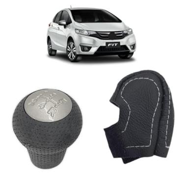 Imagem de Capa Couro Legitimo E Manopla Marcha Alavanca Câmbio Manual Compatível Com Fit Twist 2009 2010 2011 2012 2013 2014 (COSTURA PRATA)