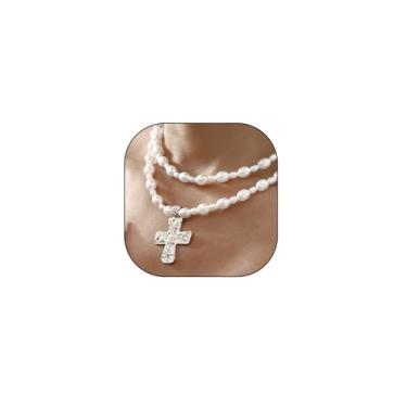 Imagem de Colar de pérola barroca com contas de ouro Y2K com pingente de cruz grossa em camadas, colar de contas de pérolas para mulheres, bijuterias de fantasia para Natal, aniversário, batismo, adjustable