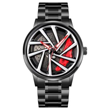 Imagem de Relógio de pulso masculino criativo 3D giratório com roda de carro, design de cubo de aro, moderno, quartzo, elegante, com pulseira de aço inoxidável, presentes para entusiastas de carros, V Vermelho