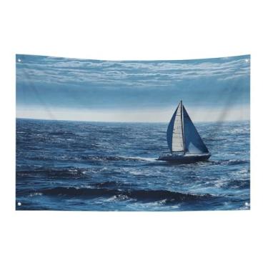 Imagem de Bandeira com quatro furos bandeiras para todos os climas veleiro mar azul impresso bandeira decorativa bandeiras de poliéster adequadas para uso interno e externo 89 x 159 polegadas