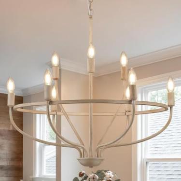 Imagem de Lustre De Roda De Carroça De Fazenda, 28in Preto E Dourado Lustre De Sala De Jantar Para Sala De Jantar Ilha De Cozinha Entrada Foyer, 28.35'' White 9-light