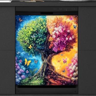 Imagem de Capa magnética para lava-louças Árvore do mundo borboleta flor painel de geladeira decalque reutilizável decorativo máquina de lavar roupa geladeira adesivo magnético aparável decoração de cozinha