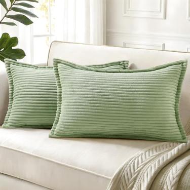 Imagem de decorUhome Capas de almofada de veludo cotelê verde sálvia 30 x 50 conjunto de 2 capas de almofada decorativas macias listradas para sofá de casa de fazenda neutra com lateral larga para sala de estar