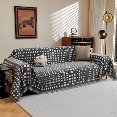 Imagem de MEETSKY Capa de sofá Boho para sofá, cinza escuro geométrico, chenille, para 2 almofadas, para cães, capa lavável para gatos, protetor de sofá com borlas, 180 cm x 299 cm